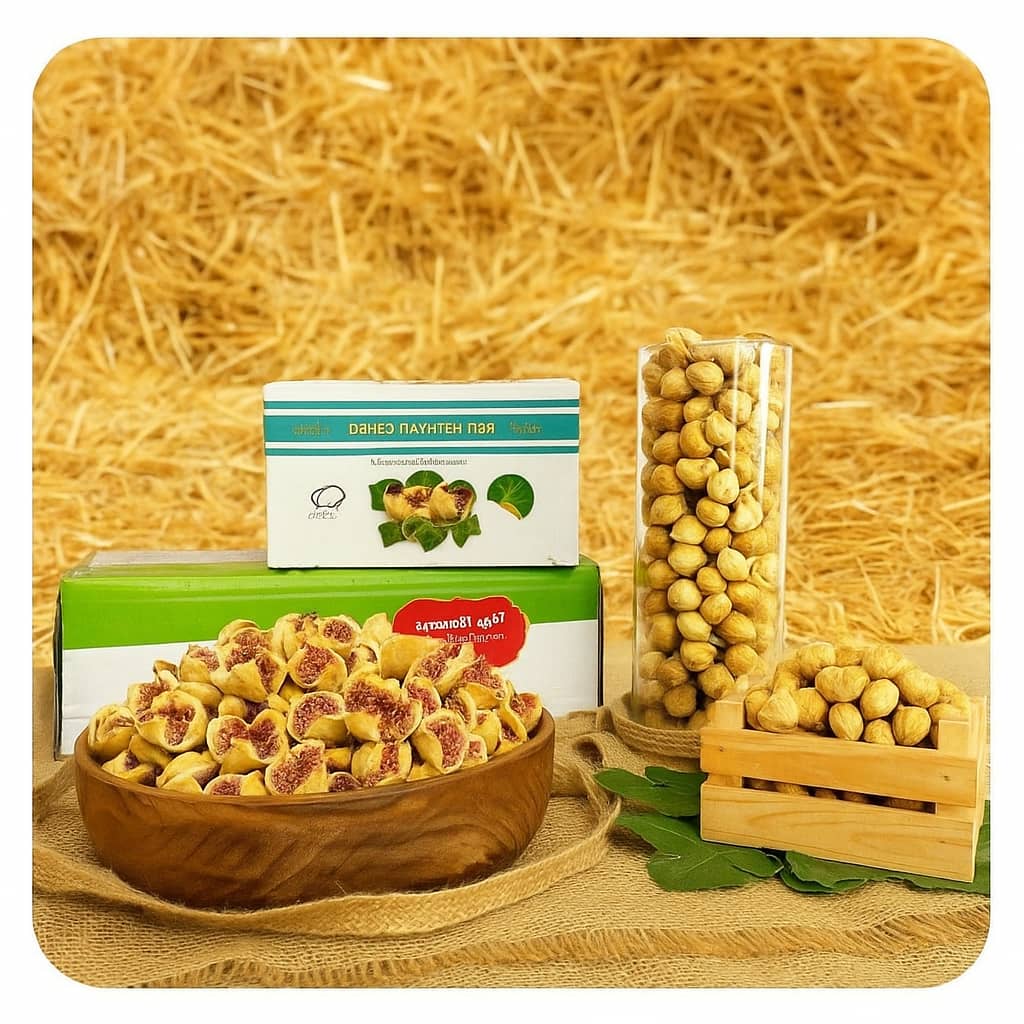 تصویر طبیعی از خرمن تازه انجیر گوشتی استهبان روی زمینه‌ی سنتی