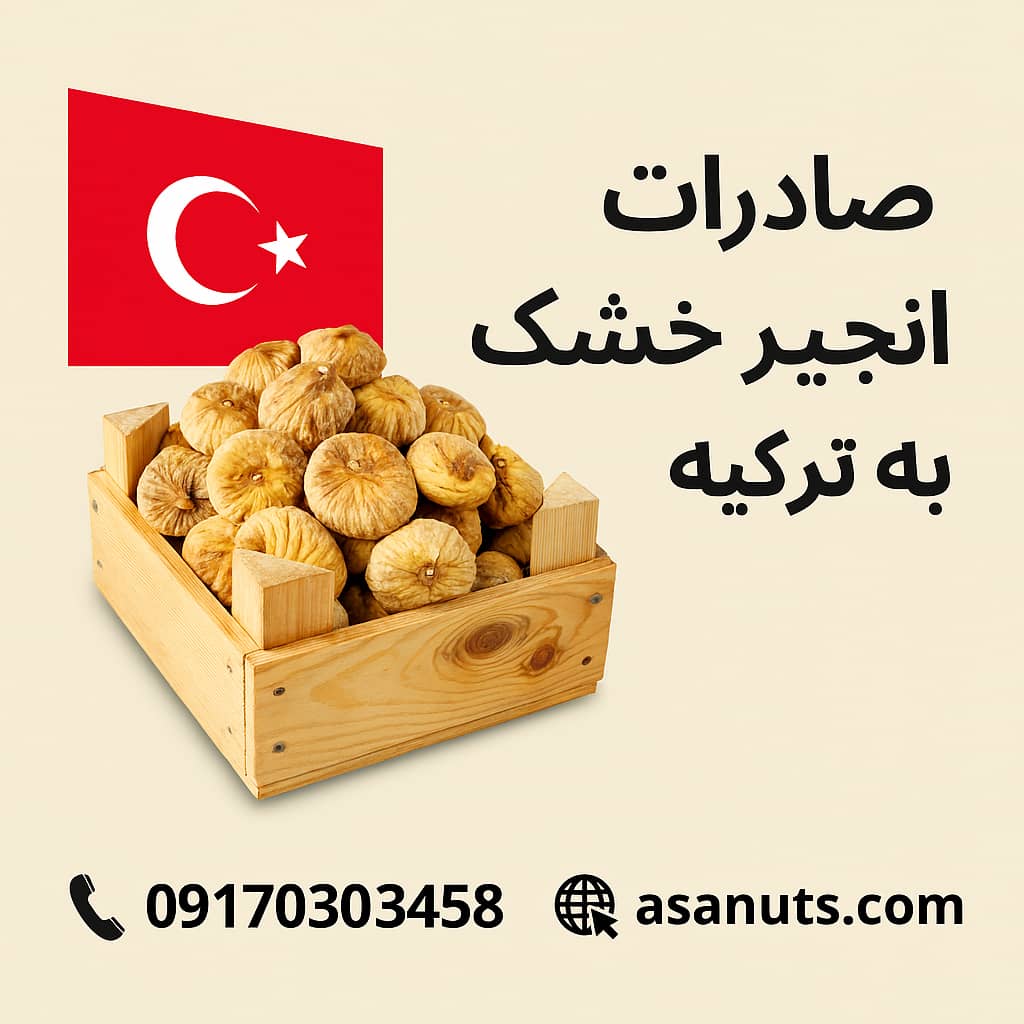 جعبه چوبی پر از انجیر خشک در کنار پرچم ترکیه، همراه با شماره تماس و آدرس سایت آسا خشکبار