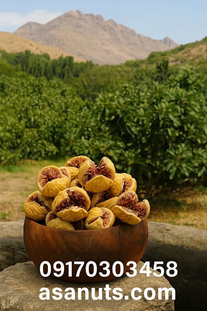 کاسه‌ای چوبی پر از انجیر خشک در کنار منظره کوهستانی روستای آبسرد با درختان انجیر و شماره تماس و آدرس سایت آسا خشکبار.