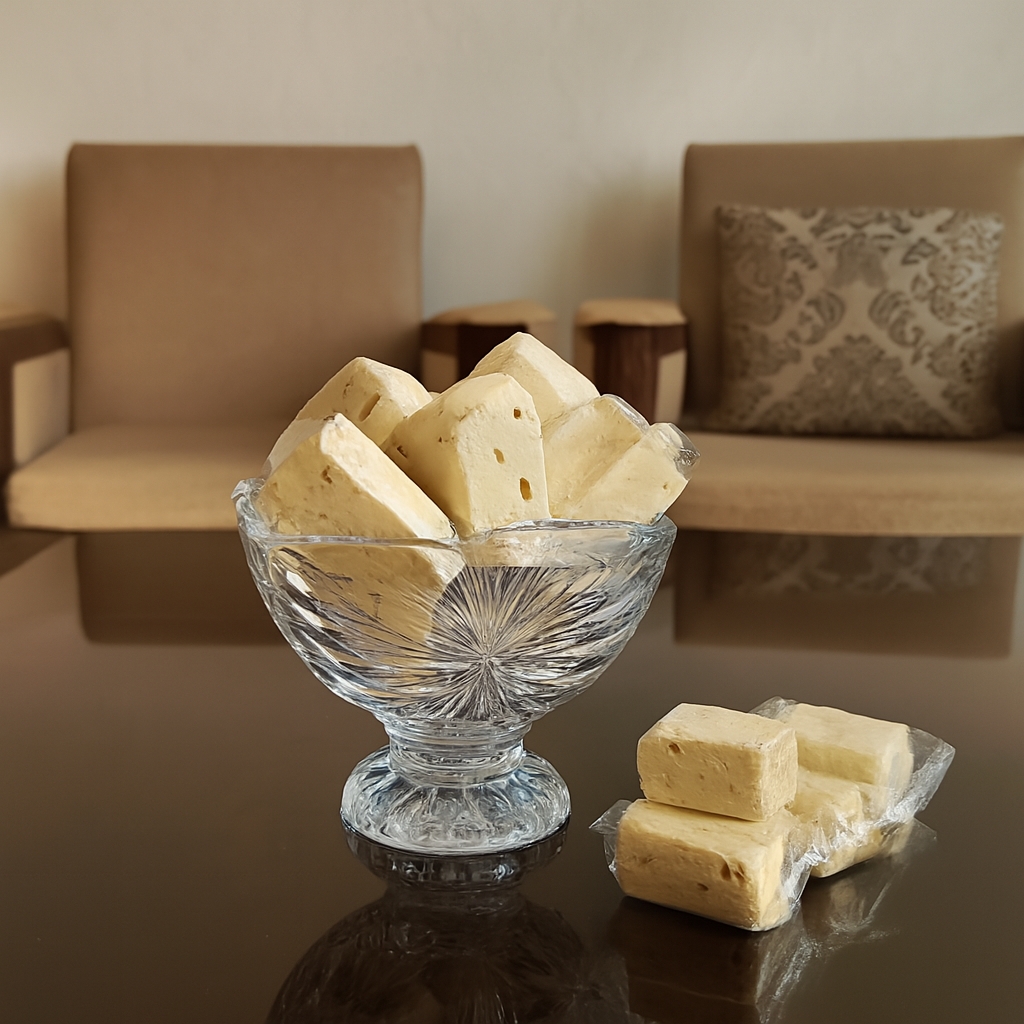 ظرف کریستالی حاوی چند قطعه گز با بسته‌بندی شفاف روی میز چوبی، در کنار دو مبل کرم‌رنگ در فضای نشیمن.
