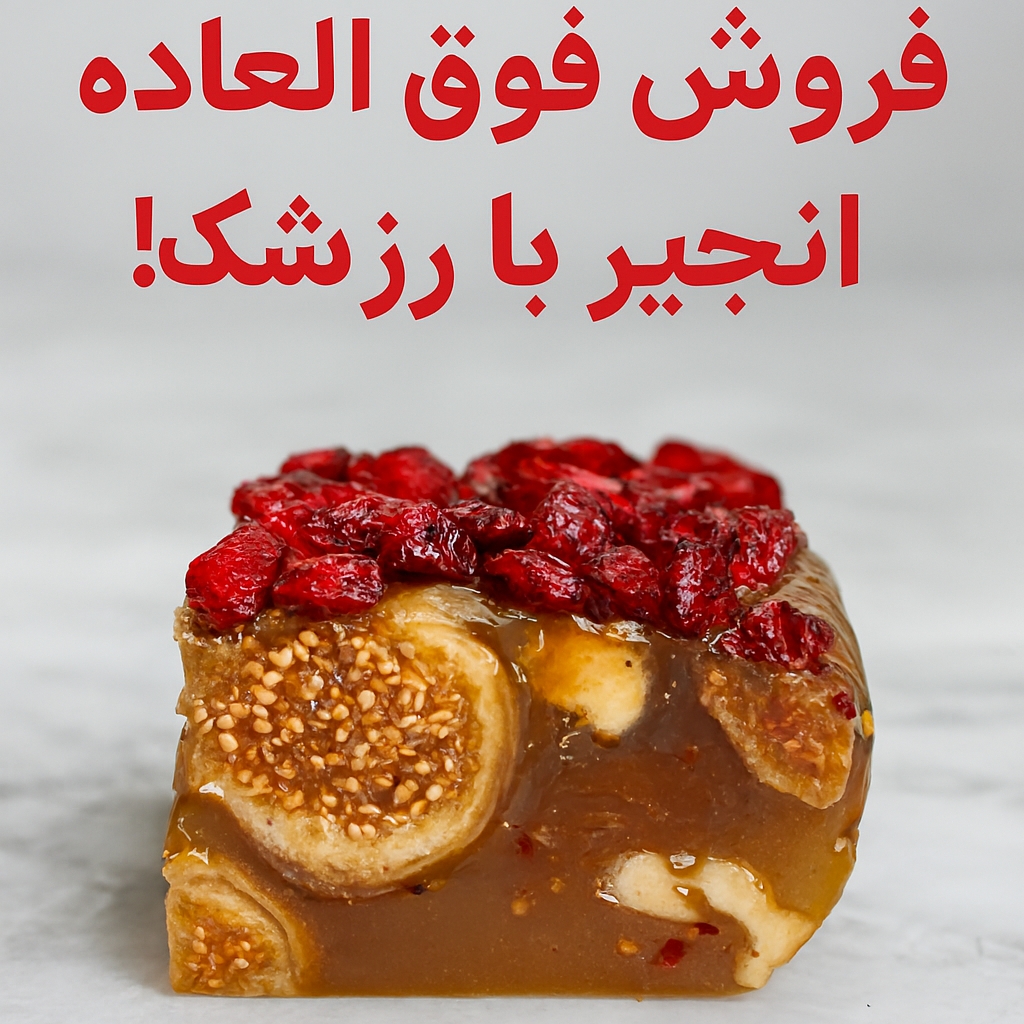 مسقطی سنتی با انجیر خشک طلایی و زرشک قرمز، بافتی شفاف و نرم روی سطح مرمری