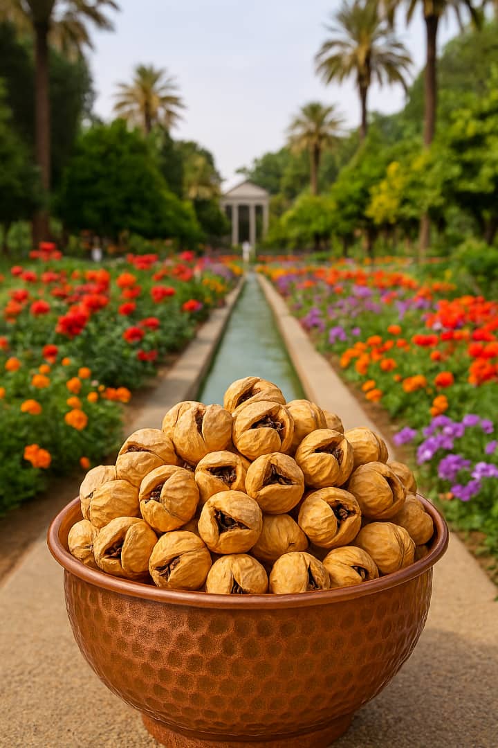 انجیر خشک خندان استهبان در ظرف مسی، قرار گرفته در میان گلهای رنگارنگ باغ ارم شیراز