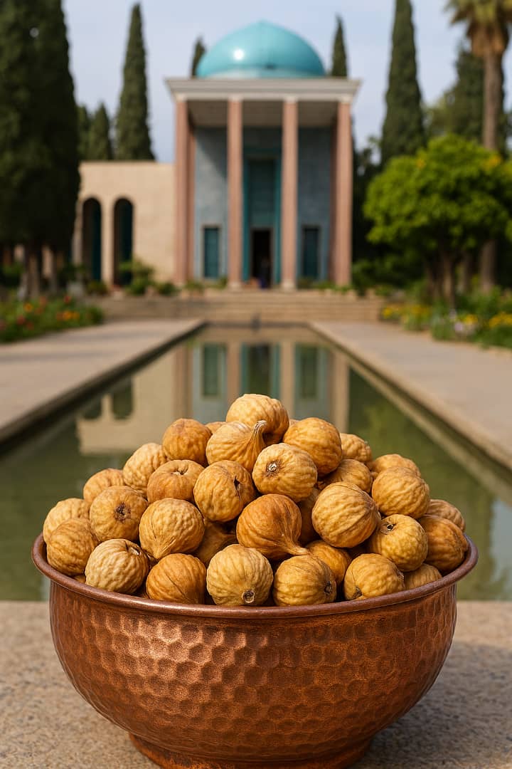 انجیر خشک استهبان در ظرف مسی سنتی، قرار گرفته در مقابل آرامگاه سعدی در شیراز